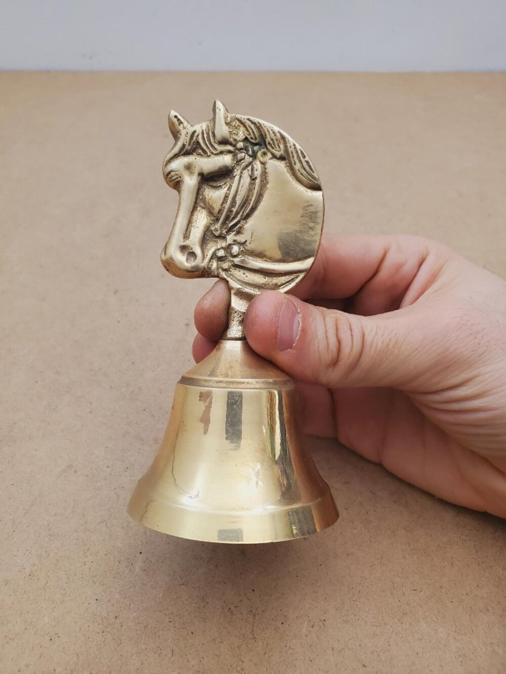 Vintage Brass Bell with Horse Motif, horseman man cave, Country Farmhouse Brass